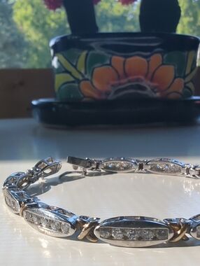 CZ 925 Sterling Silver XO Tennis Bracelet, 7"